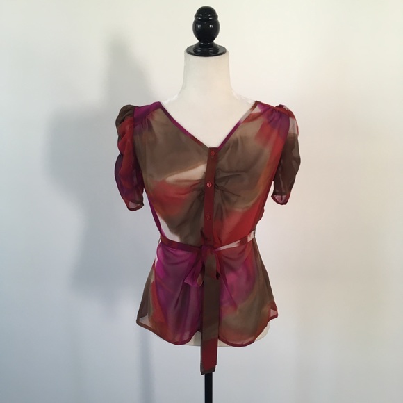 Worthington Brown & Magenta Belted Blouse - Picture 2 of 5